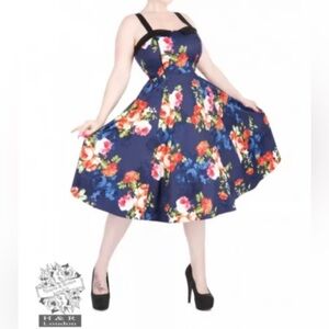 Hearts & Roses Floral Pinup Dress Size 14 Navy Red Sleeveless Retro